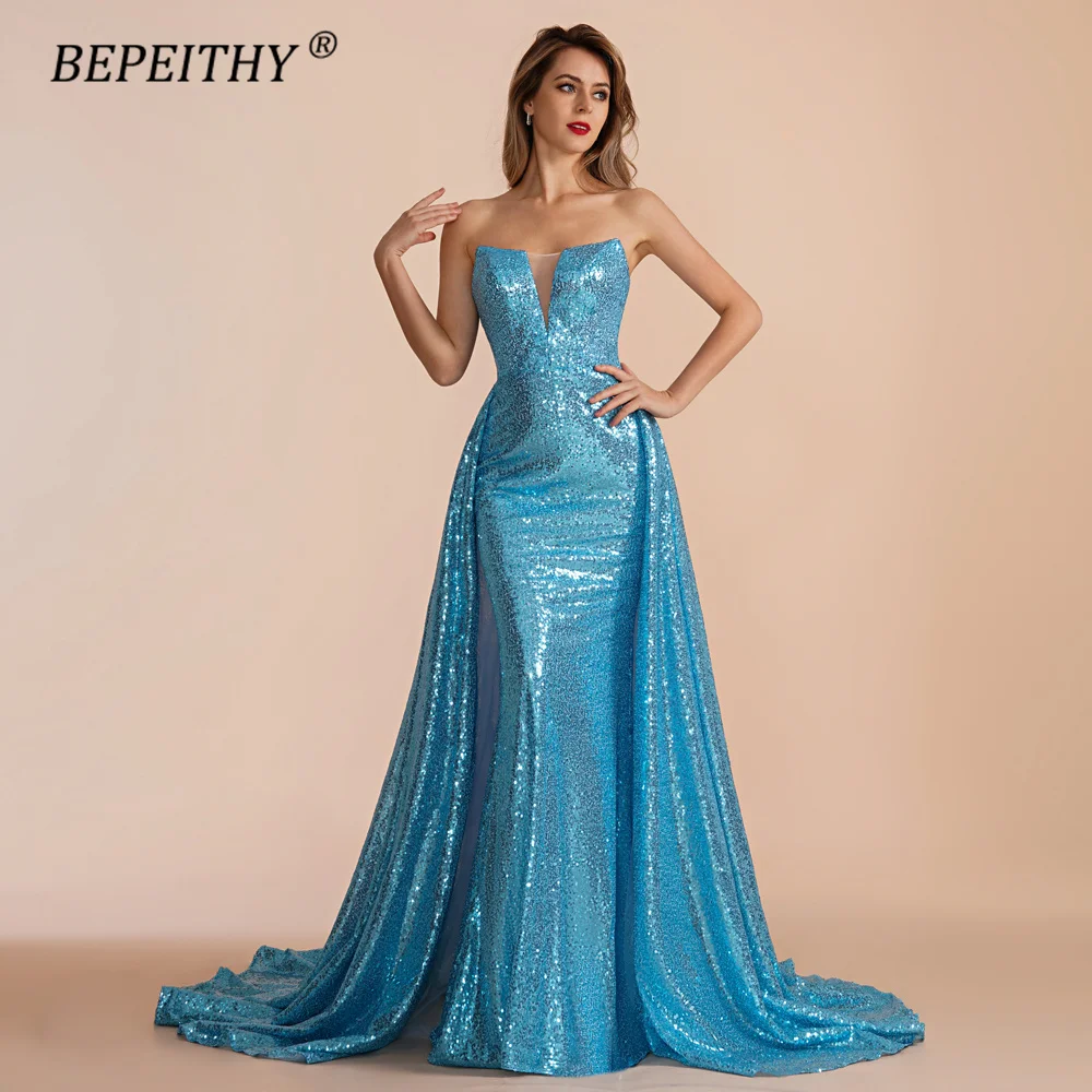 BEPEITHY Customized Strapless Blue Sequins Evening Formal Occasion Dress 2023 For Women Vintage Prom Party Gown With Court Train