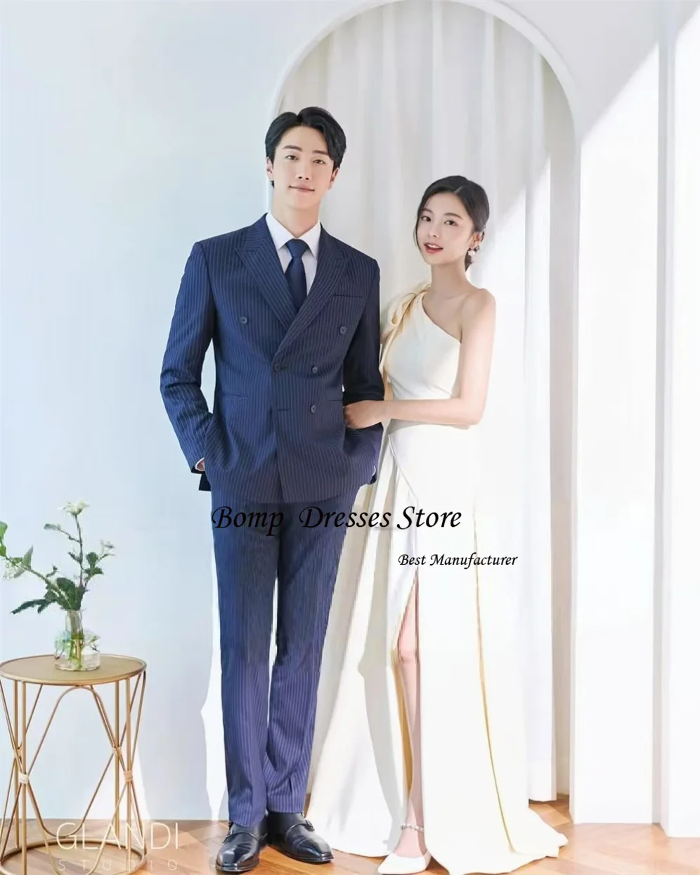 Bomp simples um ombro coreia vestidos de casamento alta divisão fotos sessão vestido de festa personalizado grande arco noiva recepções dresse