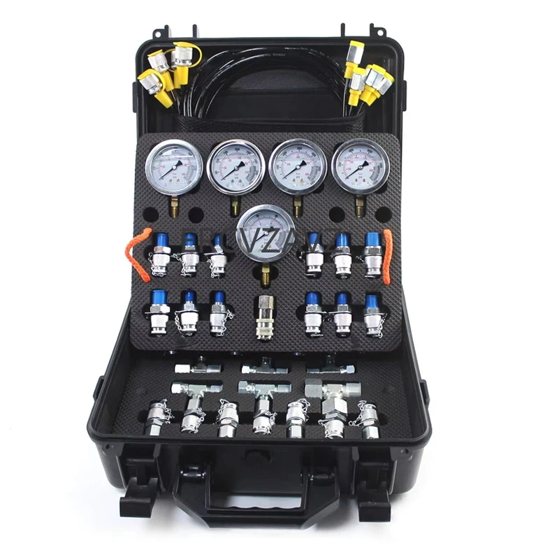 Hydraulic Pressure Test Kit 5 Gauges 13 Couplings 14 Tee connectors Hydraulic Gauge Kit for CAT, CASE, John Deere Excavator