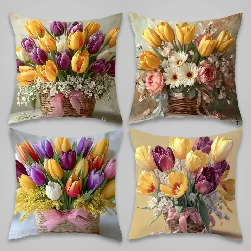 Set of 4 Floral Bouquet Pillow Covers Cushion Case Spring Flower Print Decorative Home Decor 45x45cm
