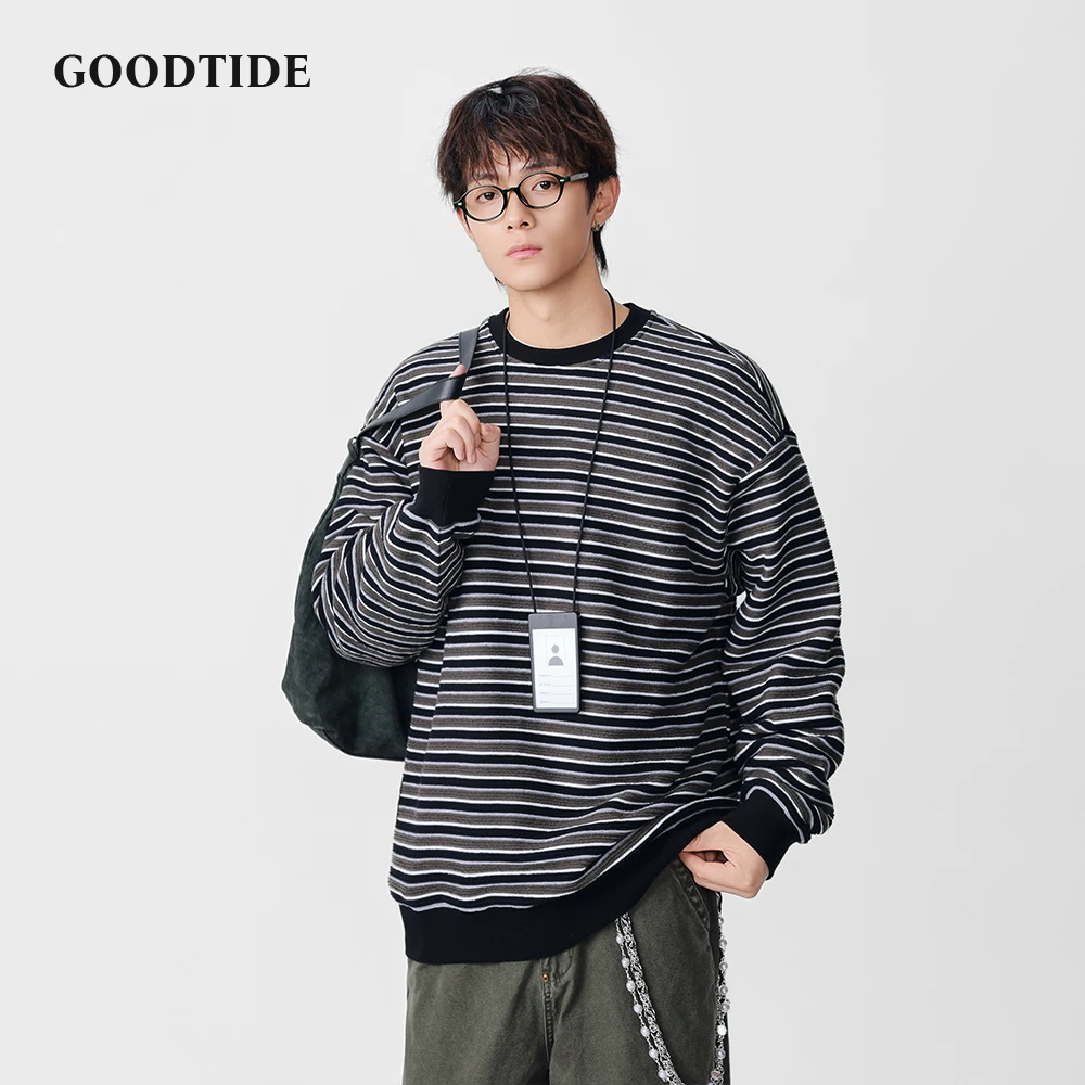 

Fashion Men's Casual Crew Neck Sweatshirt 2025 Winter New Striped Pattern Oversized Fit Comfortable Long Sleeve Pullover Top
