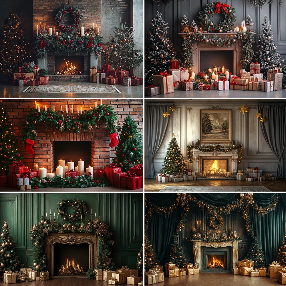 

Christmas Photography Background Indoor Vertical Fireplace Fire Christmas Tree Candle Gifts Bell Wreath Decoration Photo Studio