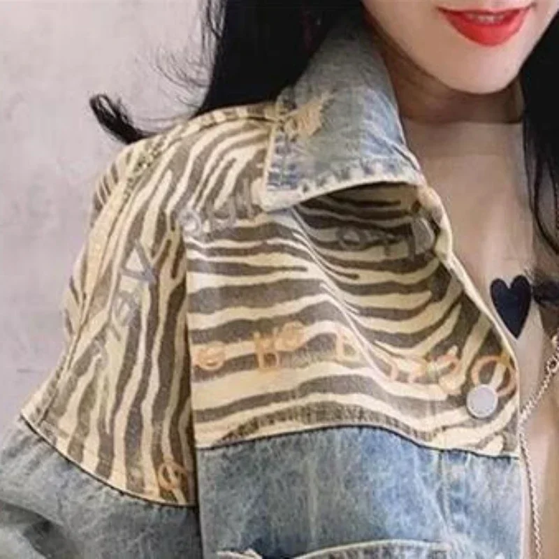 Crop Female Jeans Coat Spring Autumn Blue Short Embroidered Patchwork Small Graphic Women\'s Denim Jackets with Print Outerwears