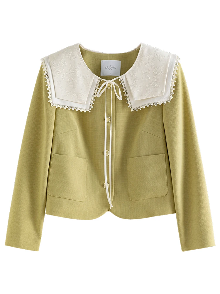 DUSHU Detachable Doll Neck Jacket Gentle Short Jacket, 2024 Spring New Top Light Green Women Jacket Casual Loose 24DS81214