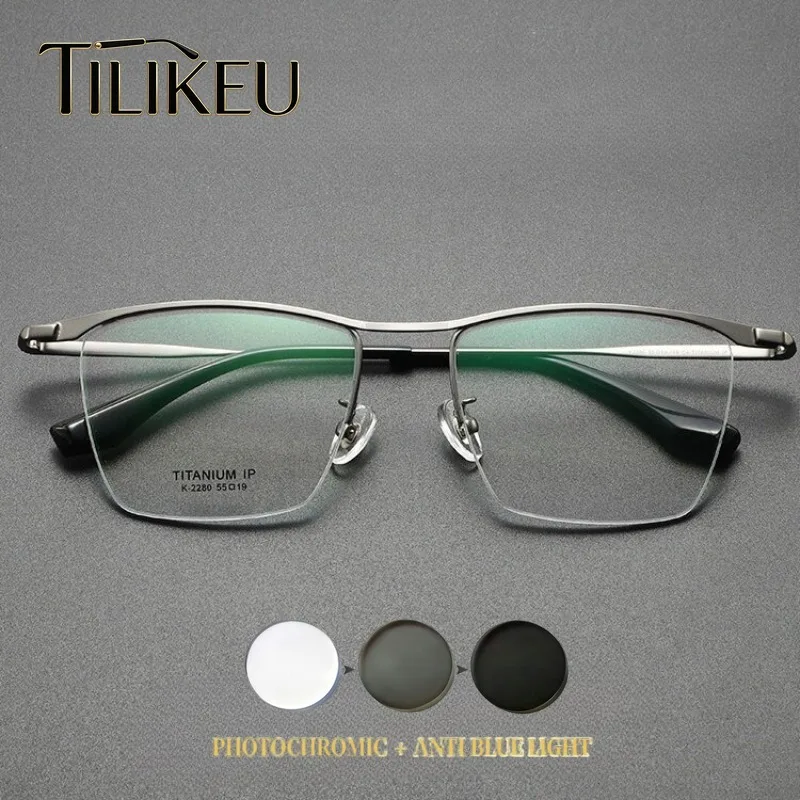 

153mm Oversized Titanium Square Half Frame Prescription Reading Glasses Men Anti Blue Myopia Photochromic Progressive Eyeglasses