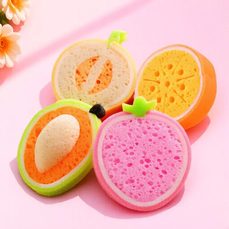 4Pcs Bath Sponges Fruit Design Reusable Lightweight Kids Bath Sponges Eco Friendly Baby Safe Shower Sponge for Home Travel Use