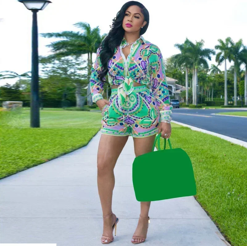 

GUWU Print Two Piece Set Women Long Sleeve Button Blouses Top Shorts Summer Tracksuit Outfit Street Elegant Office Lady Suit