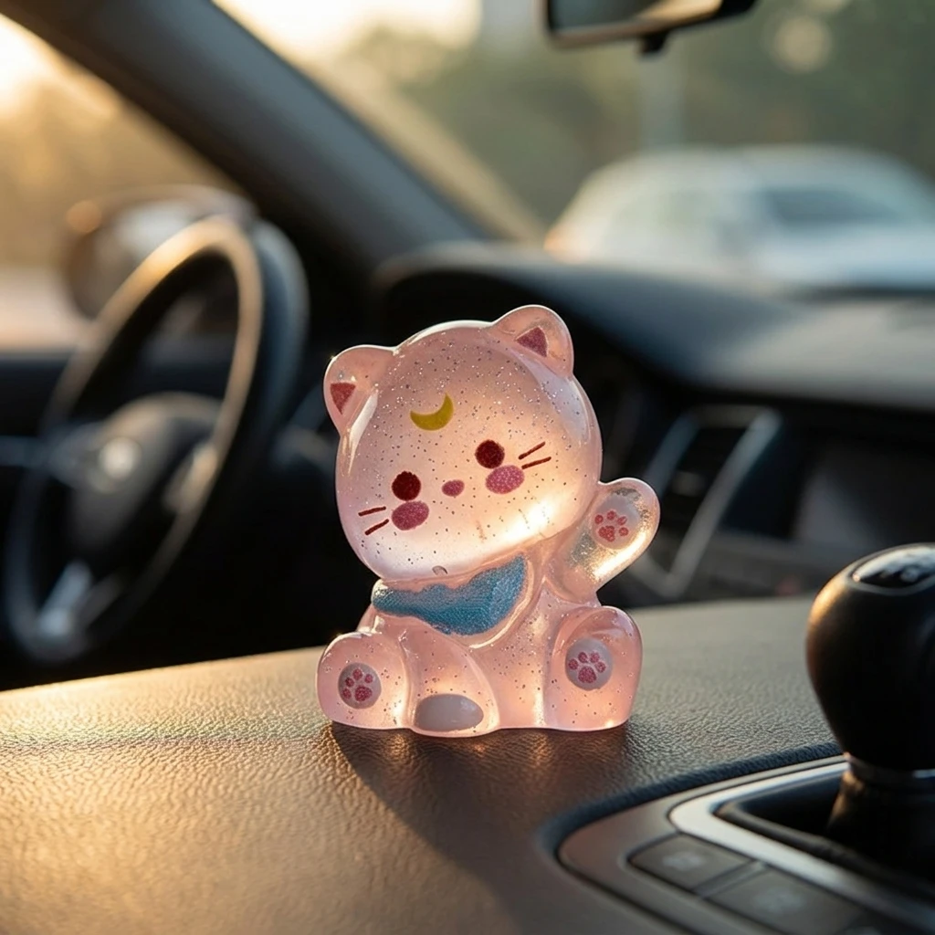 Cute Cat Resin Ornament Luminous 3D Animal Figure for Car Dashboard Decor DIY Craft Accessories Sparkle Glittery Gift