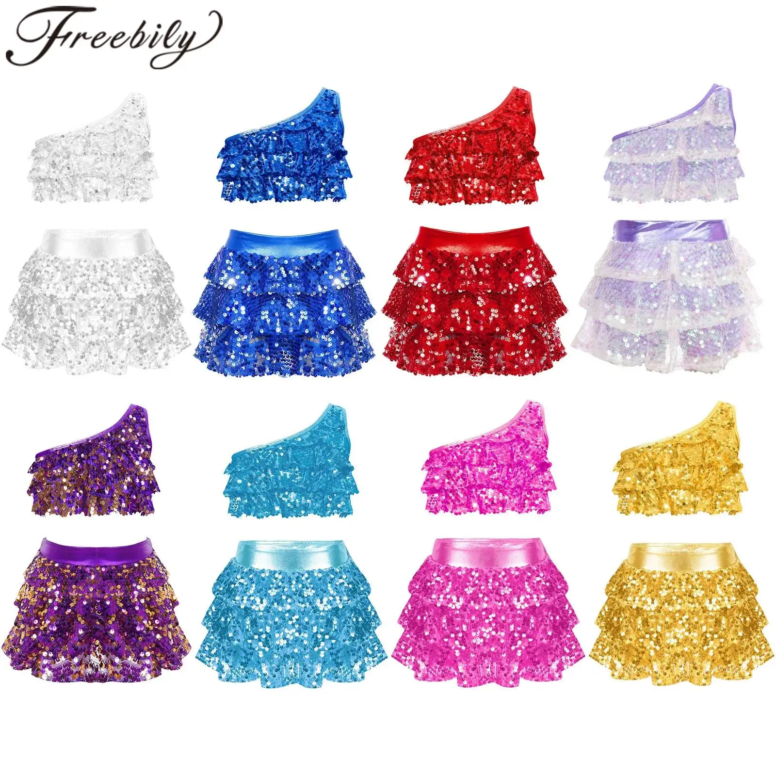 

Childs Party Costumes Kids Shiny Girls Jazz Dance Outfit Two Pieces Sequins Metallic Crop Top with Skirted Shorts Dancewear Set
