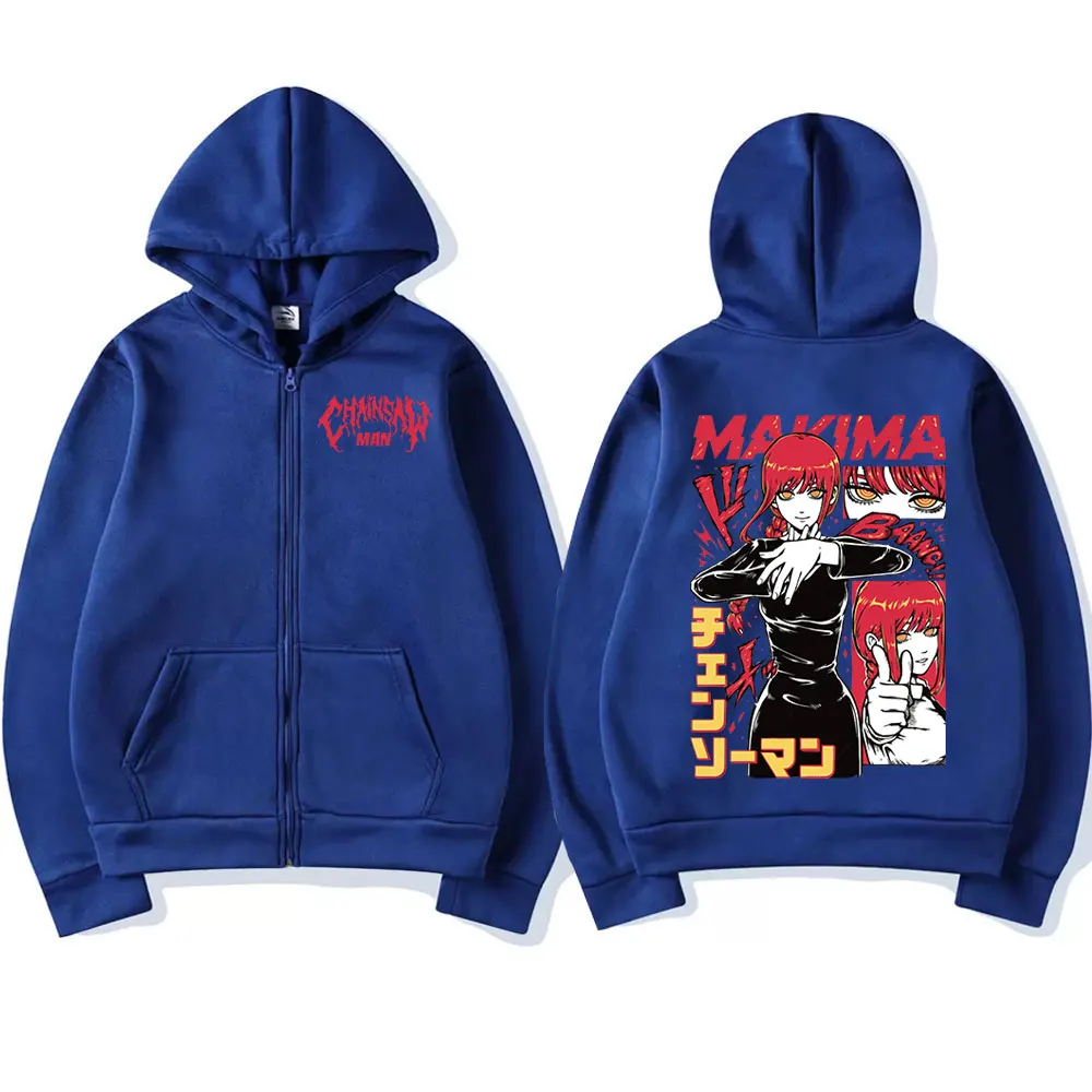 Japan Anime Chainsaw Man Hooded Makima Funny Print Men Women Zip Up Hoodies Plus Size Sweatshirt Harajuku Warm Zipper Jacket