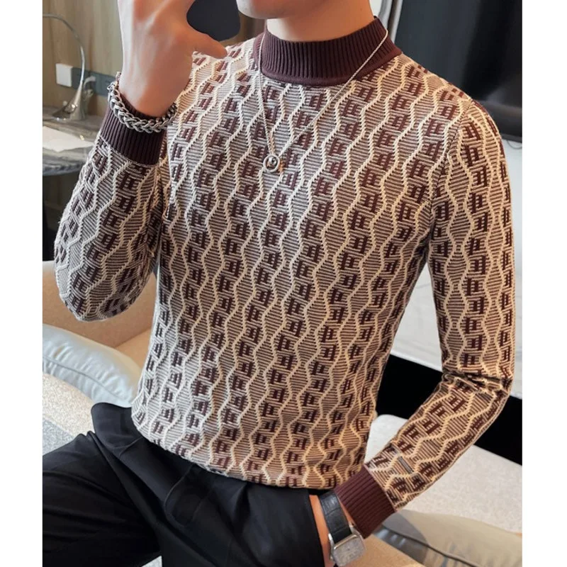 New autumn and winter sweaters for men with a raised pattern, half high neckline elastic knit sweater, slim fit pullover top