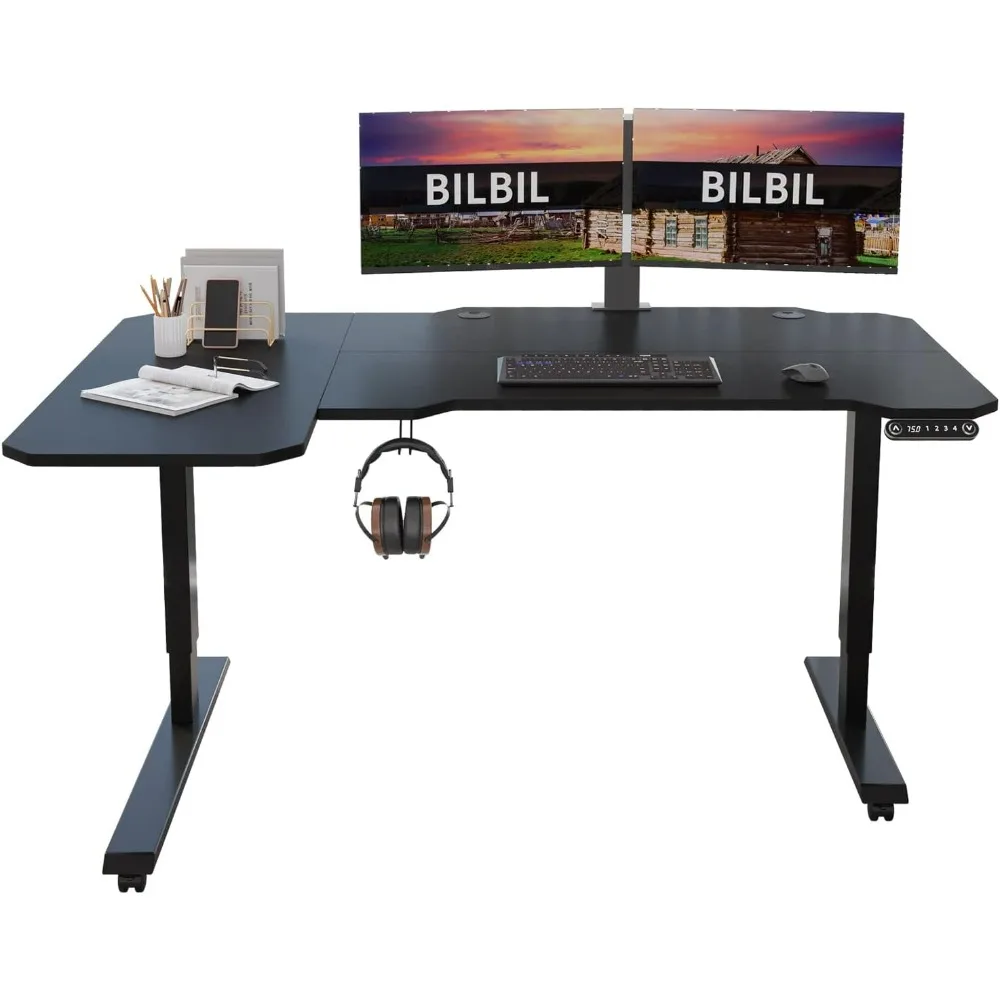 

L-Shaped Electric Height Adjustable Standing Desk 59 Inches, Stand Up Rising Table for Home Office with Splice Board