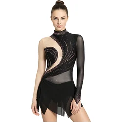 Womens Sparkly Rhinestone Gymnastics Artistic Figure Skating Ballet Jersey Lyrical Dance Tights Dress Sheer Mesh Skirted Dresses