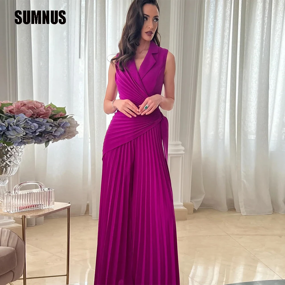 SUMNUS Fashion Purple Pants Prom Gowns V Neck Sheath Party Dress For Women Custom Satin Evening Dress Arabic Outfit Formal Gowns