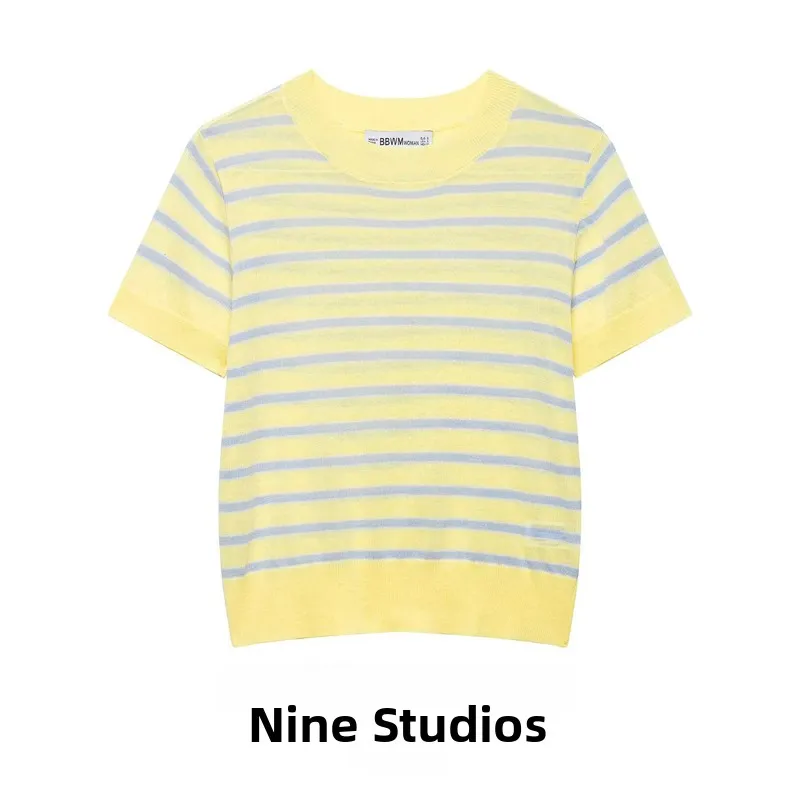 

NINE ZAR Women's round Ne Casual Striped ort Sve Knitted Top Loose Fit European Sle Spring Faion Ladies' Knitwear