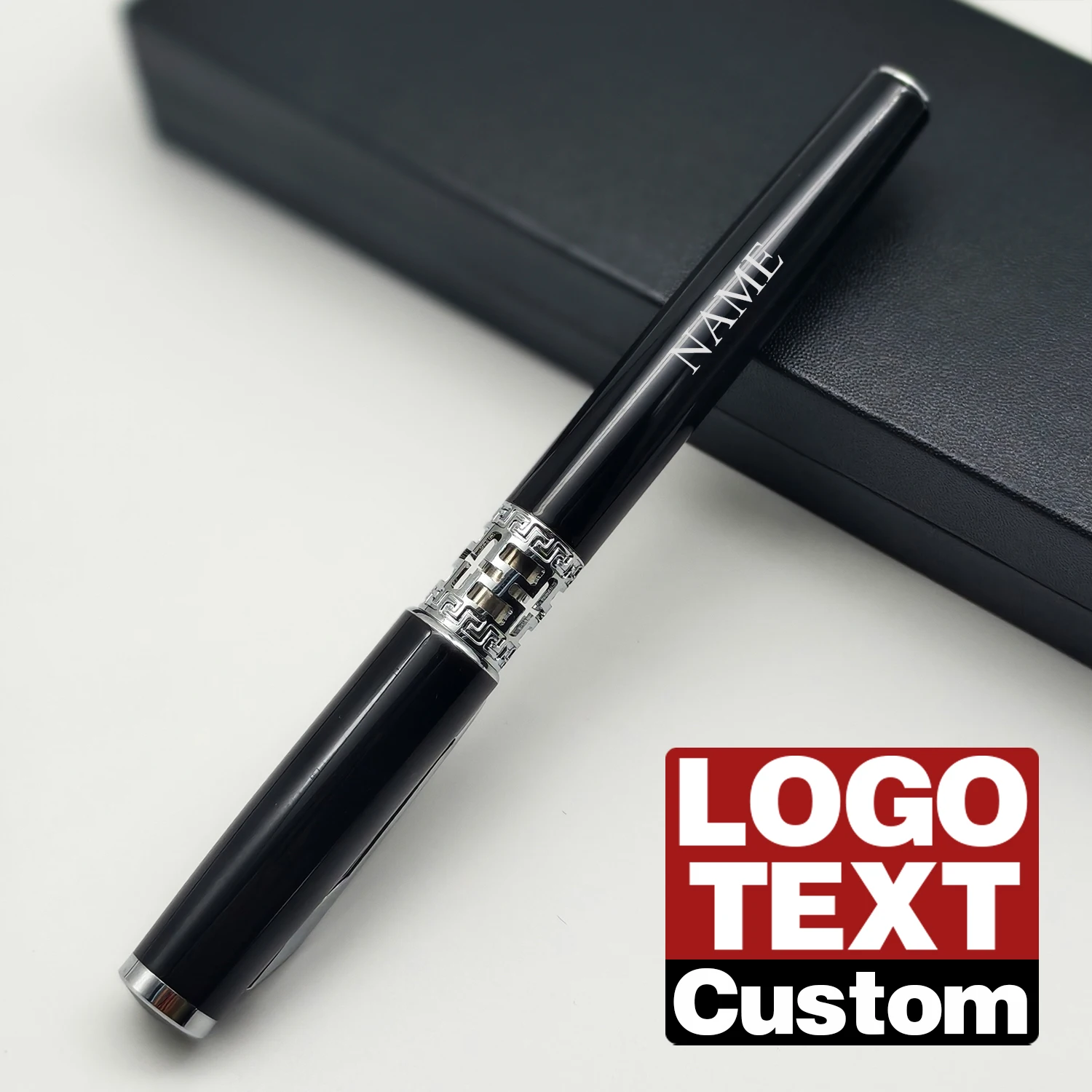 Personalized Luxury Black Silver Pen Custom Engraved Name Logo Ballpoint Pen with Gift Box Office Business Gift for Client Boss