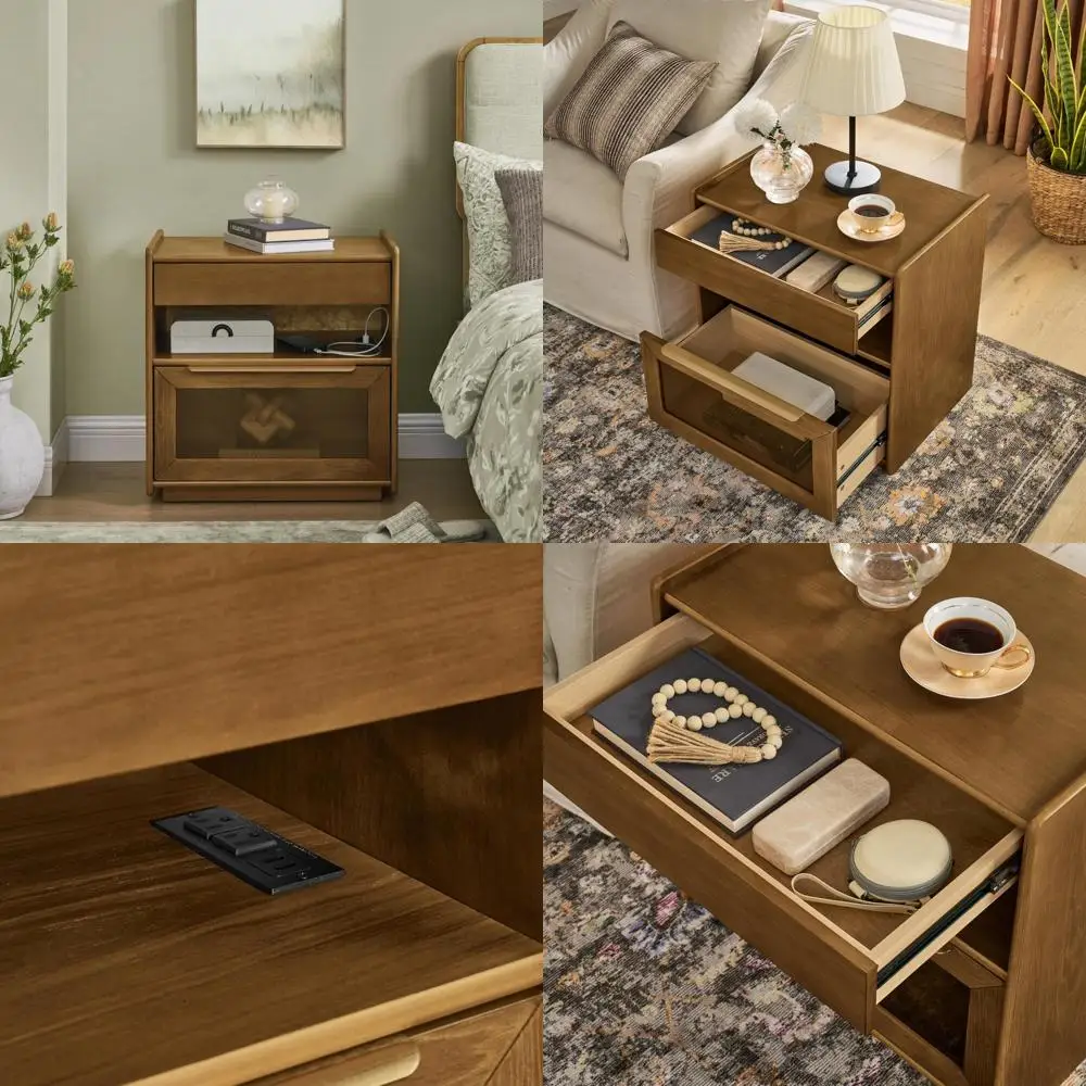 منضدة محطة شحن على الطراز الحديث لمنتصف القرن، طاولة نهاية المزرعة مع مخرج، درجين، رف مفتوح، أدراج زجاجية f #1