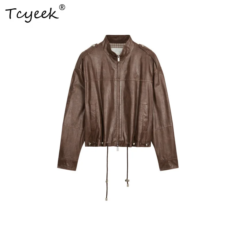 Tcyeek Real Leather Jacket Women Motocycle Jackets Top Layer Sheepskin Coat Loose Fit Spring Autumn Clothes Streetwear Women