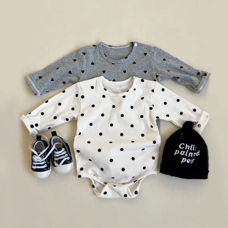 ZOETOPKID Baby Rompers Spring Autumn Long Sleeve Triangular Jumpsuit Polka Dot Heart Printed Newborn Clothes Infant Bodysuit