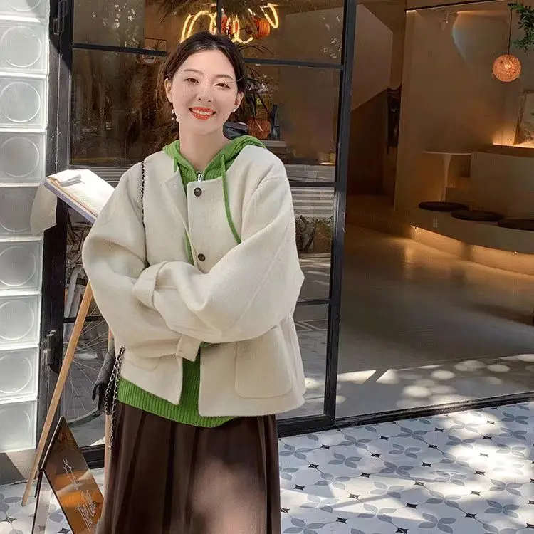 Abrigos de mezcla de lana Abrigo de lana para mujer Algodón añadido Otoño Tweed Bloqueo de color Cremallera Cortada Cuello alto Manga de globo Cara