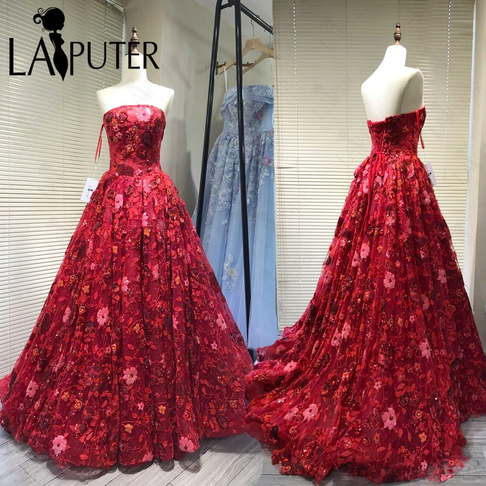 Laiputer rouge dentelle gonflée robe de bal robe de bal fille sans bretelles cou robe de soirée gonflée une ligne dentelle florale robe formelle pour femme