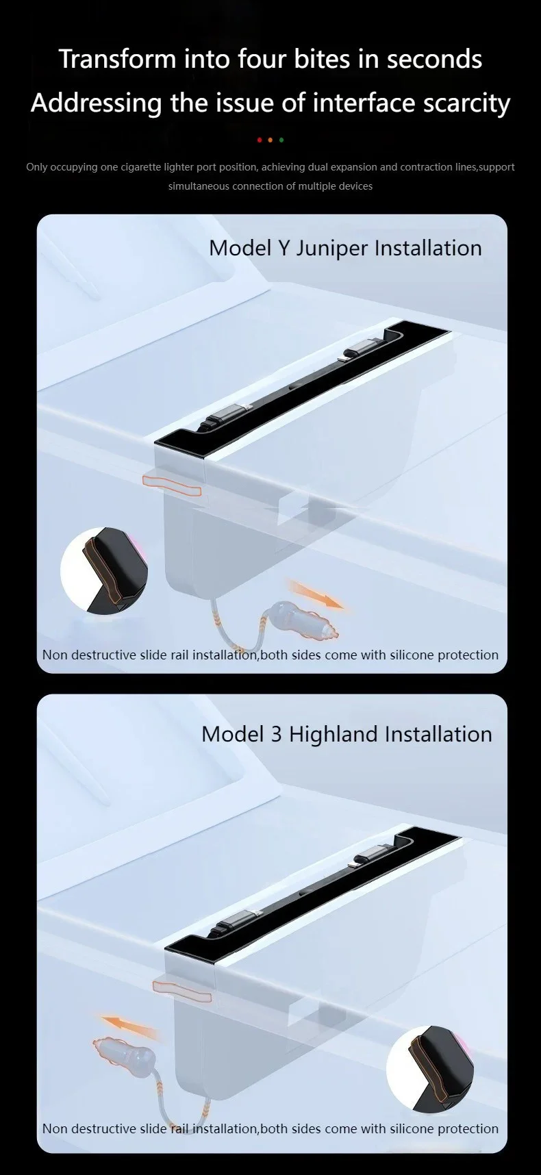 For Tesla Model Y Juniper Fast Charging USB Docing Station with Rainbow Light for Model 3 Highland Retractable Ambient Lighting view 6