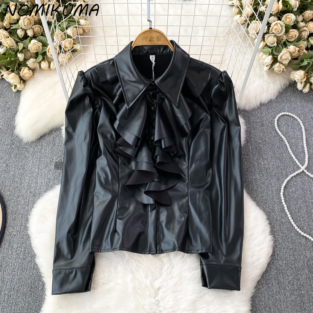 Nomikuma Autumn Winter Korean Long Sleeved Turn-down Collar Ruffle Edge Single Breasted PU Shirt Women\'s Casual Leather Top