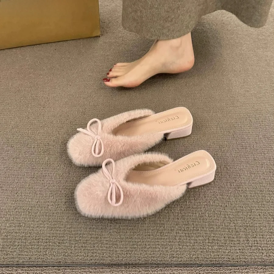 

FAD Z Fairy Sle Chunky Heel Fur Slippers Women's Autumn Winter New Knot Elegance Covered Head Semi Slippers
