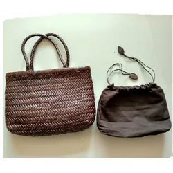 Return to the ancients Weave Genuine Leather Handbag Feminine Handmade Woven Bucket  With Cotton Pockets Shopping Bags