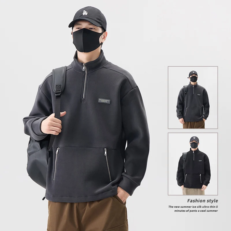 

2024 New Men's Thiened Double-sided Ro Fce Sweatirt f Open Cardigan Stand Collar Loose Casual Winter Faion