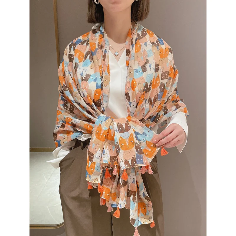 

Women's lightweight and breathable cotton-linen travel scarf, beach towel, blue-gray elegant floral shawl