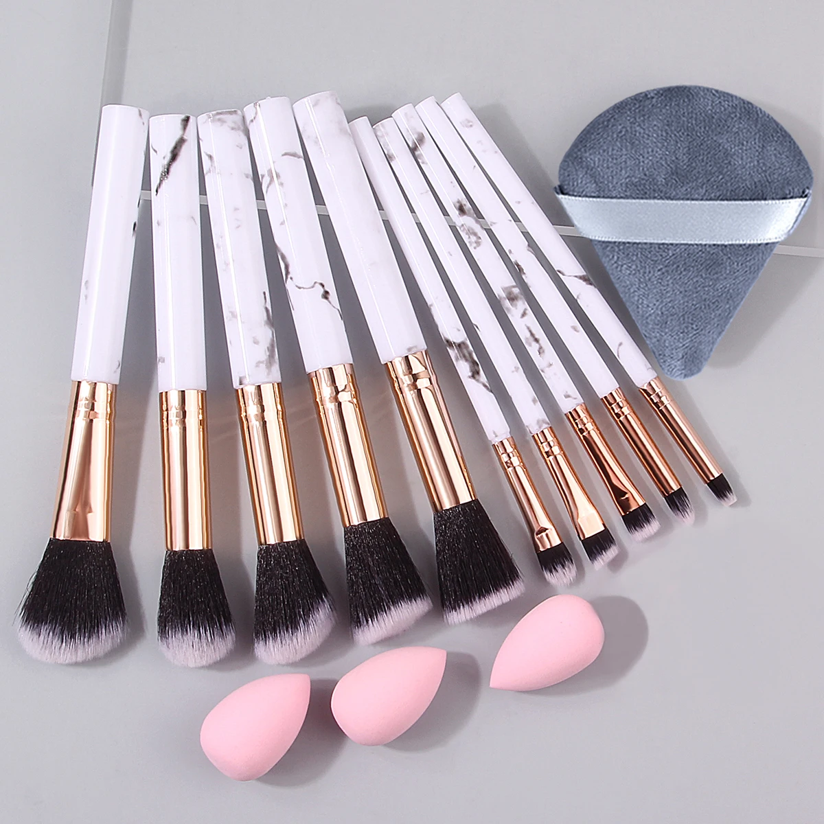 10PCS Marbled loose powder blush makeup brush set +3PCS mini sponge egg +1PCS triangular powder puff beauty tool