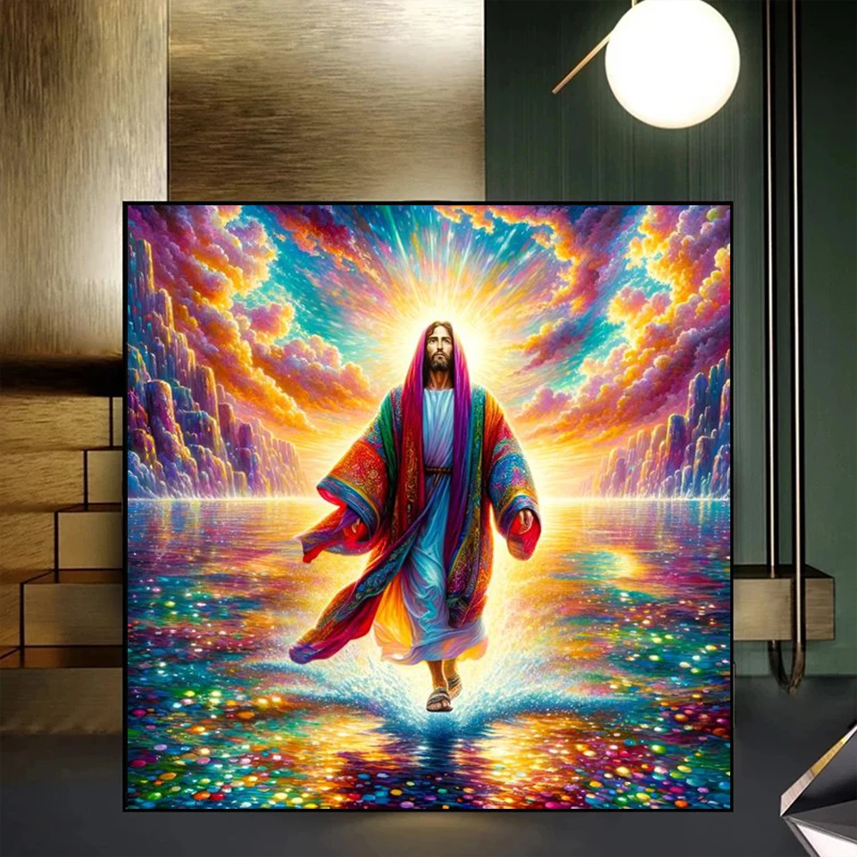 Vibrant Jesus Walking on Water Diamond Painting Colorful Clouds New 2025 Full Diamond Mosaic 5D DIY Diamond Art Home Decoration