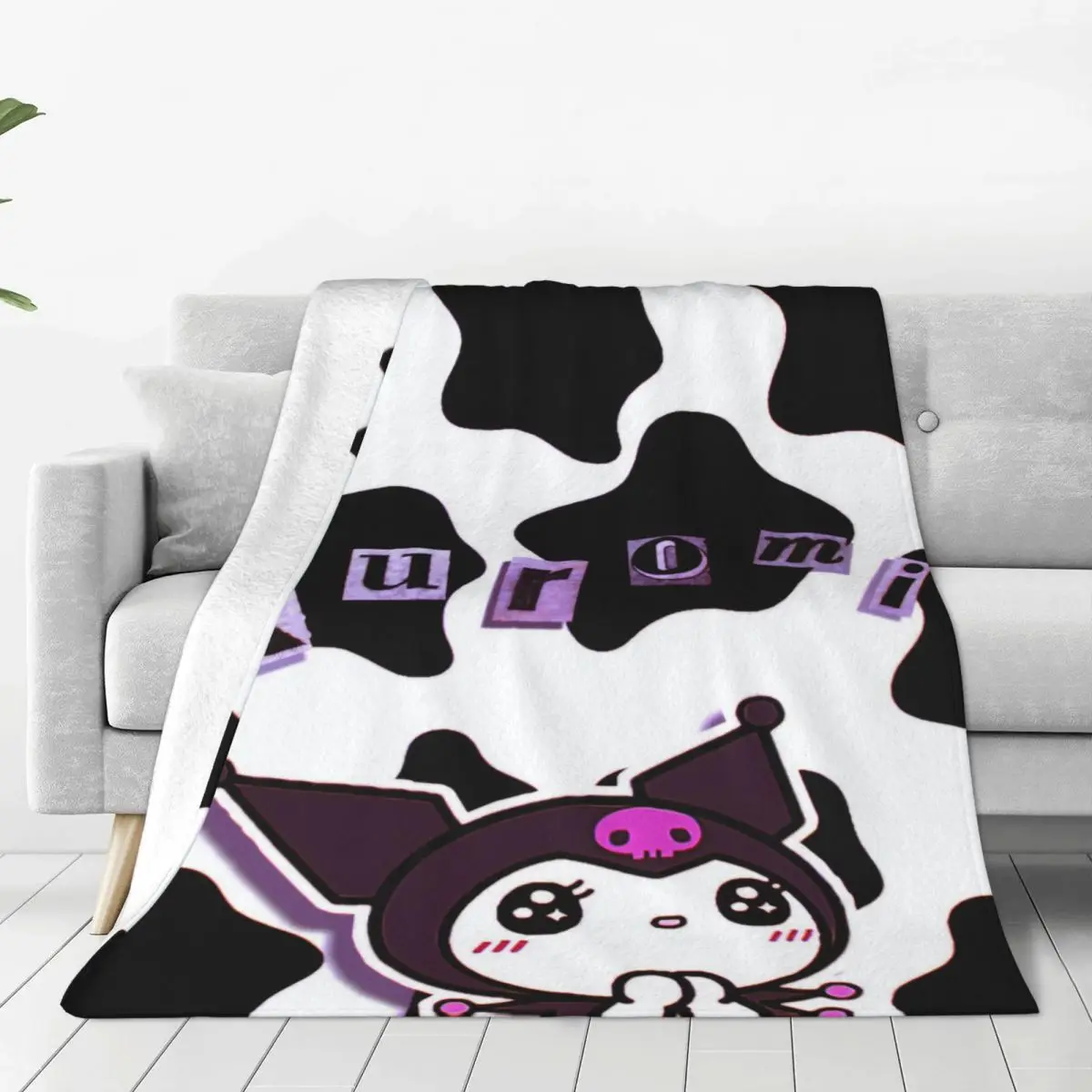 Kuromi Cartoon Black White Blankets Flannel All Season Multi-function Warm Throw Blankets for Sofa Office Bedspreads