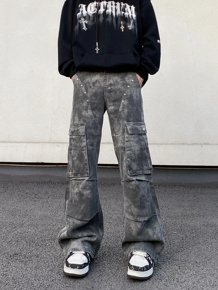 RORORIRI Men Rivets Denim Cargo Pants Women Camo Multi Pocket Retro American Low Wide Flare Jeans Vintage High Street Clothes