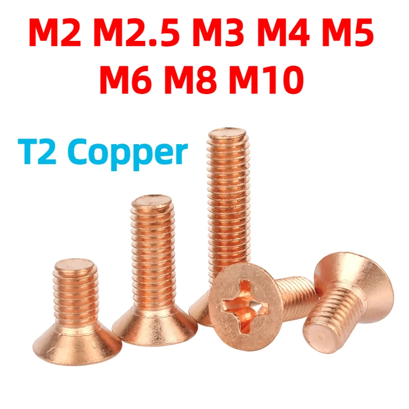 M2 M2.5 M3 M4 M5 M6 M8 M10 T2 Copper Phillip Flat Head Screw Cross Countersunk Screws Solids Pan Head Copper Machine