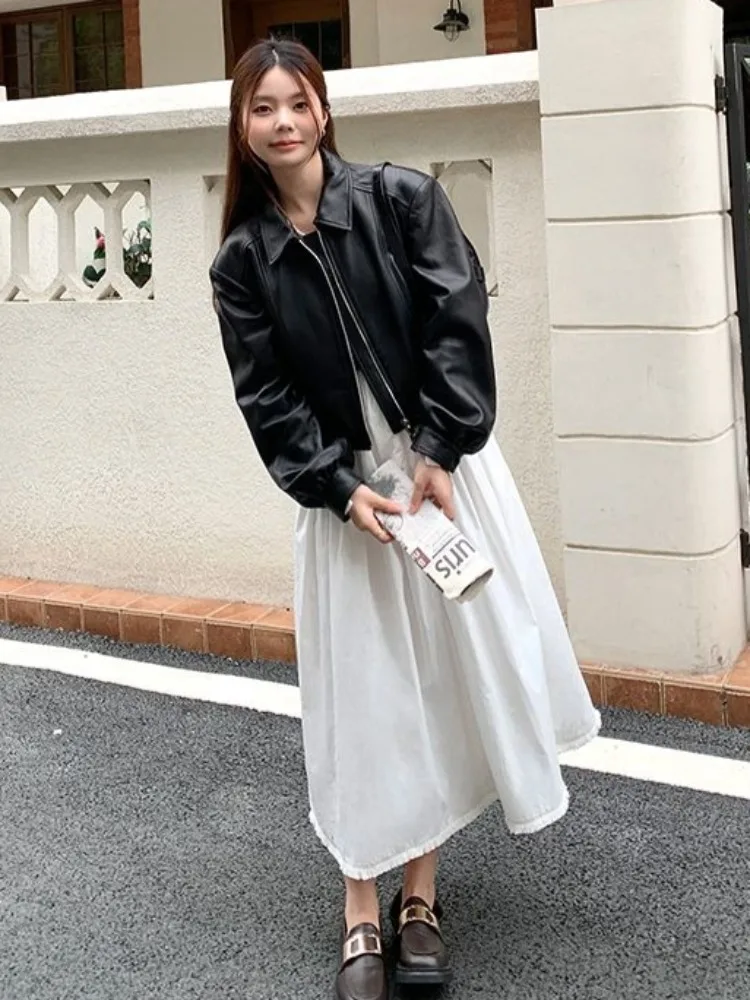 Jesienna Kurtka Skórzana Moto Biker na Zamek Retro Krótka Uniwersalna Kurtka Skórzana Płaszcz Skórzany Kurtka Damska