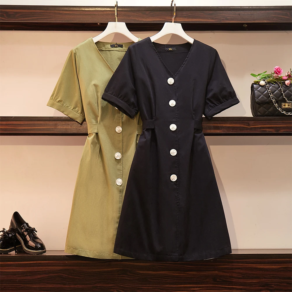 Plus size women's summer casual dress Pure cotton fabric loose comfortable buttons decorated V-neck mid-length skirt tie waist