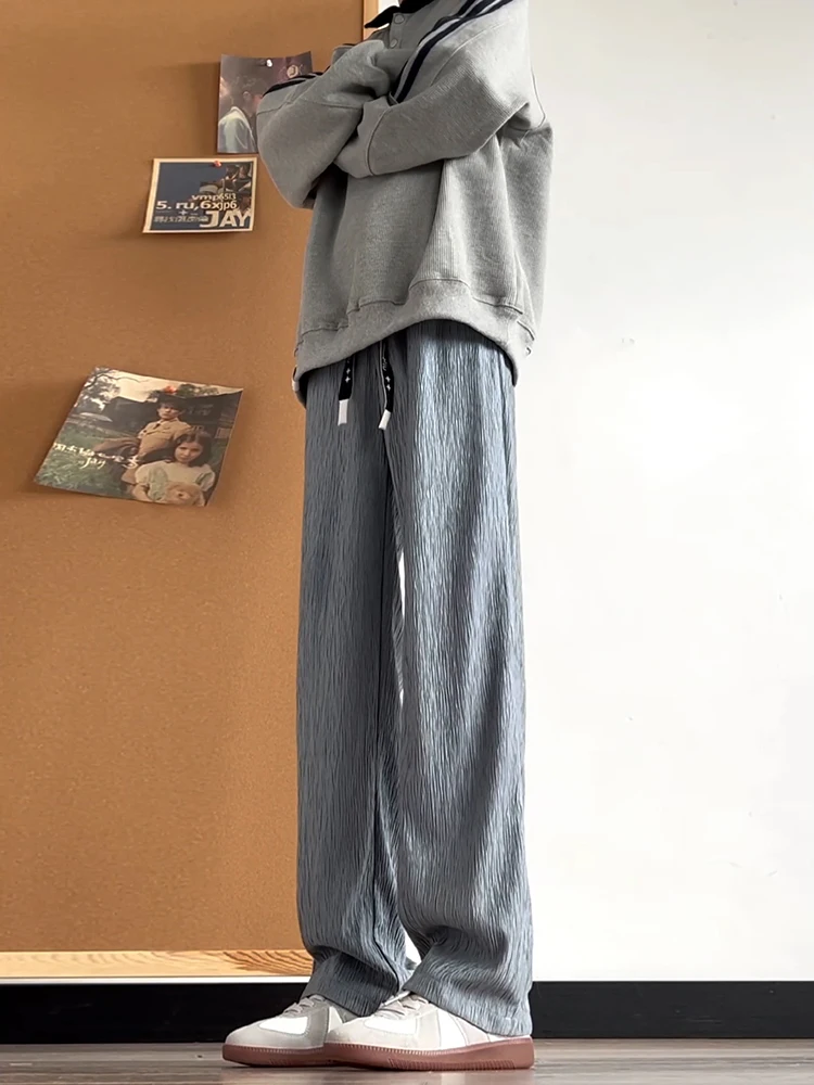 

Мужские повседневные брюки с текстурой и флисовой подкладкой, весна-осень, широкие, плиссированные, свободного прямого кроя, длинные, модные, молодежные