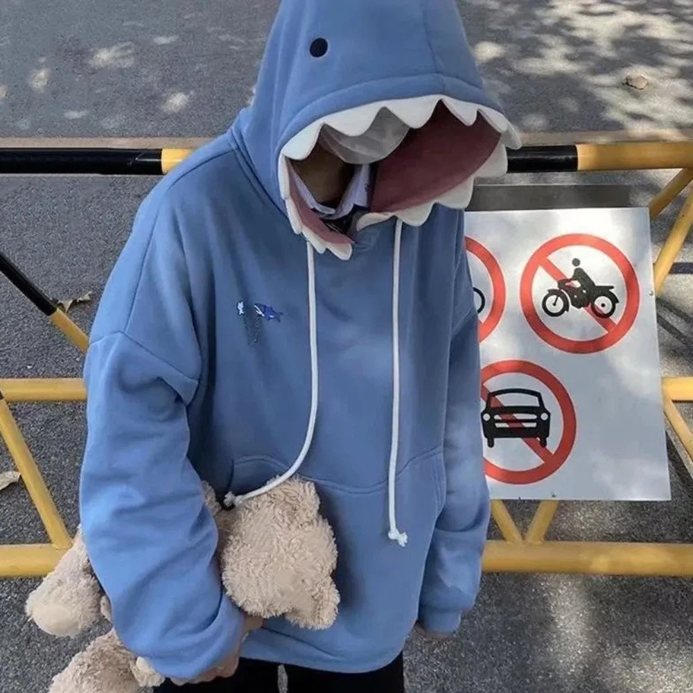 

Long Sleeve Fleece Shark Hoodies Drawstring Pullover Hooded Sweatshirts Loose Casual Shark Hat Sweater School Student