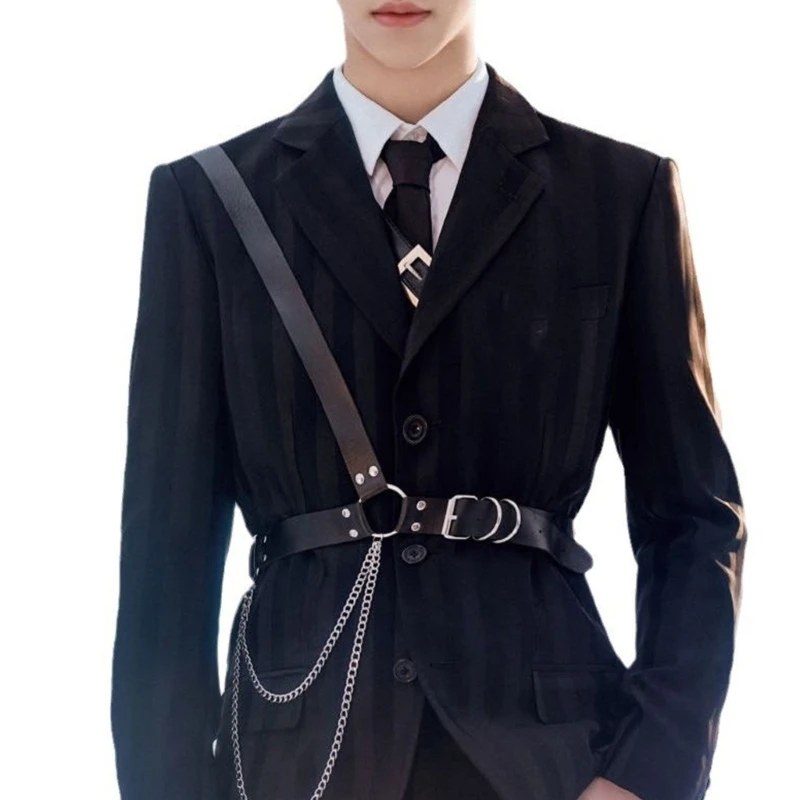 652B Fashion Belt Harness with Black PU-Look Straps, Waist-Framing Styling and Metal Hardware for Concert Outfit Wear