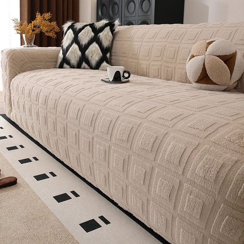 Solid Color Teddy Warm Sofa Cover High Elastic Thick Corner Couch Covers for Winter Anti-Scratch Pet Friendly Sofa Pad