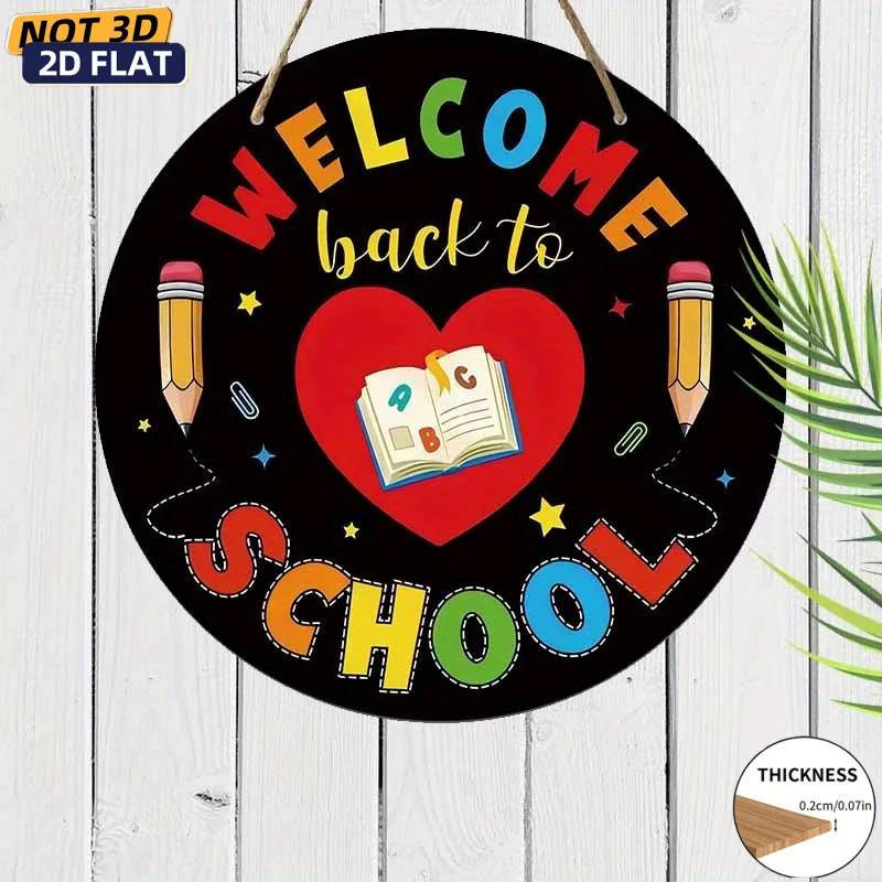 1pc 2D Pure Flat Decorative Wooden Plaque Non-3D, Welcome Back to School Round Wooden Sign, Colorful Classroom Door Decoration w