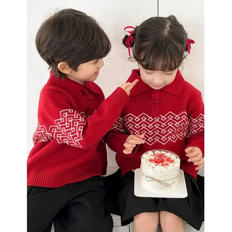 Family Red Chinese Knitted Sweater Winter New Year Parent-child Warm Christmas Jumper Dad Mom and Daughter Son Matching Clothes