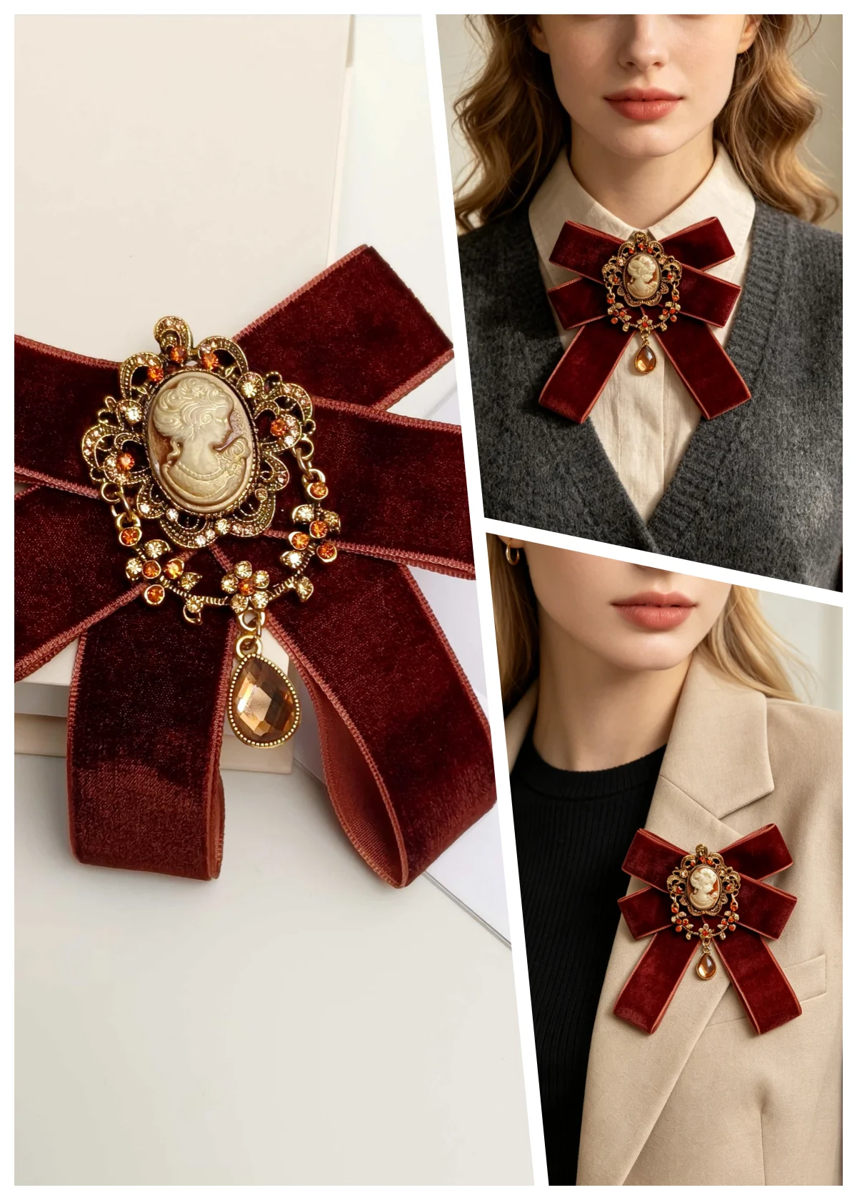 Vintage European-Style Velvet Double-Layer Bow Tie with Distressed Gold Cameo Portrait Relief, Orange Diamond Small Flower Chain, Water Drop Crystal Collar Accessory, Elegant Girl's Shirt and Suit Decorative Collar Flower, Vintage Photo Shoot Wedding Dinner Atmosphere Accessory