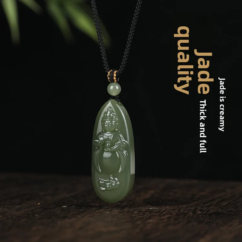 Natural Hetian Jade Guanyin Pendant Carved Lotus Blessing Amulet Good Luck Fortune Wealth Charm Unisex Chinese Style Jade Neckla