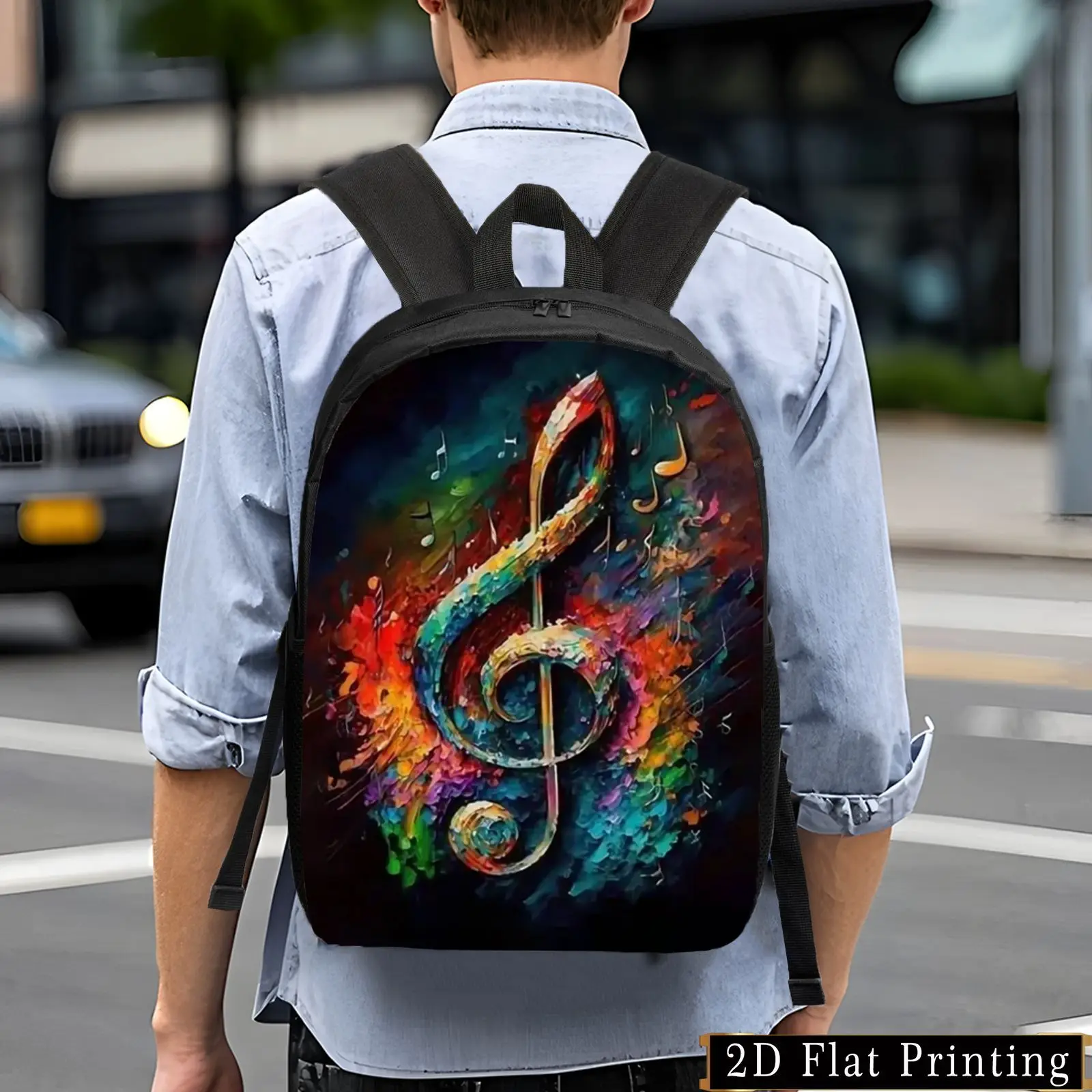 

Fashionable unisex backpack with colorful note print-lightweight and large capacity, adjustable shoulder straps and side pockets