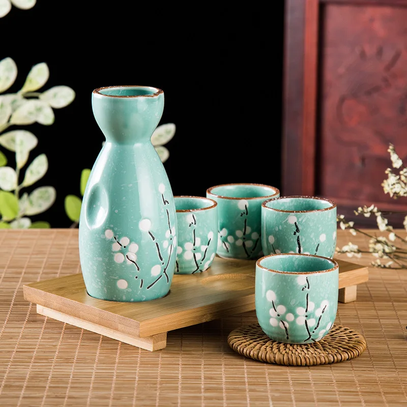 Japanese Sake Pot Wine Glasses Japanese Style Hand-painted Sake Utensils Four Cup Set Ceramic Wineware and Cups