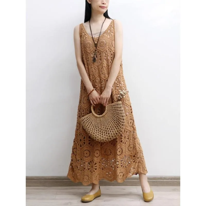 2025 nouvelle robe femmes tricot dentelle longue évider Sexy gilet col rond creux été Style hauts t-shirts ample basique bleu