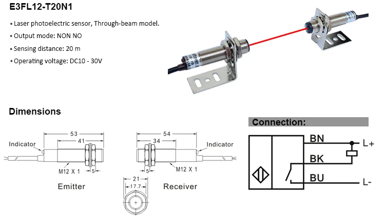 Through-beam Switching transducer M12 long distance Laser Optical proximity sensor NPN NO 20m photoelectric switch sensor